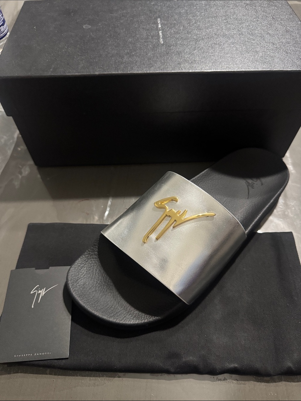Giuseppe Zanotti Metallic Silver Slide with Gold Logo Accent